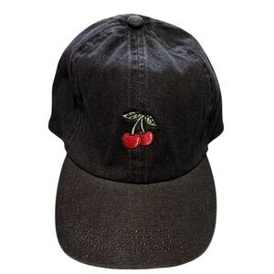 Black denim baseball Hat with embroidered cherries